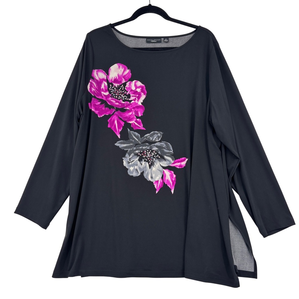 Susan Graver Artisan Floral Tunic Top Women 2X Black Fuchsia Rhinestone A269315